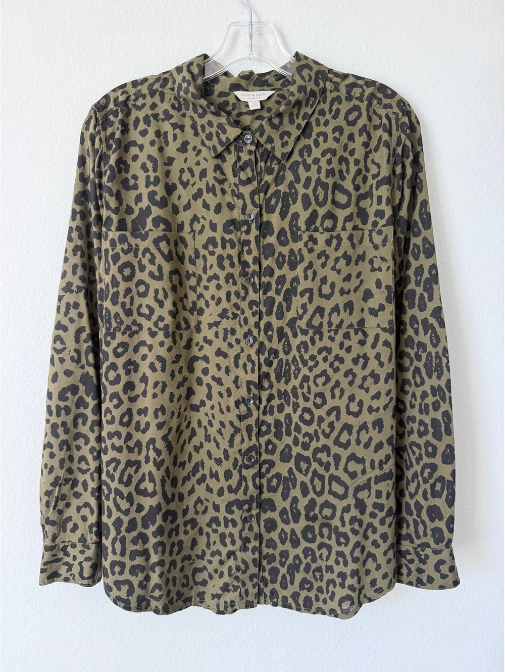 Lucky Brand Long Sleeve Button Front Olive Green/Black Animal Print Shirt Size L
